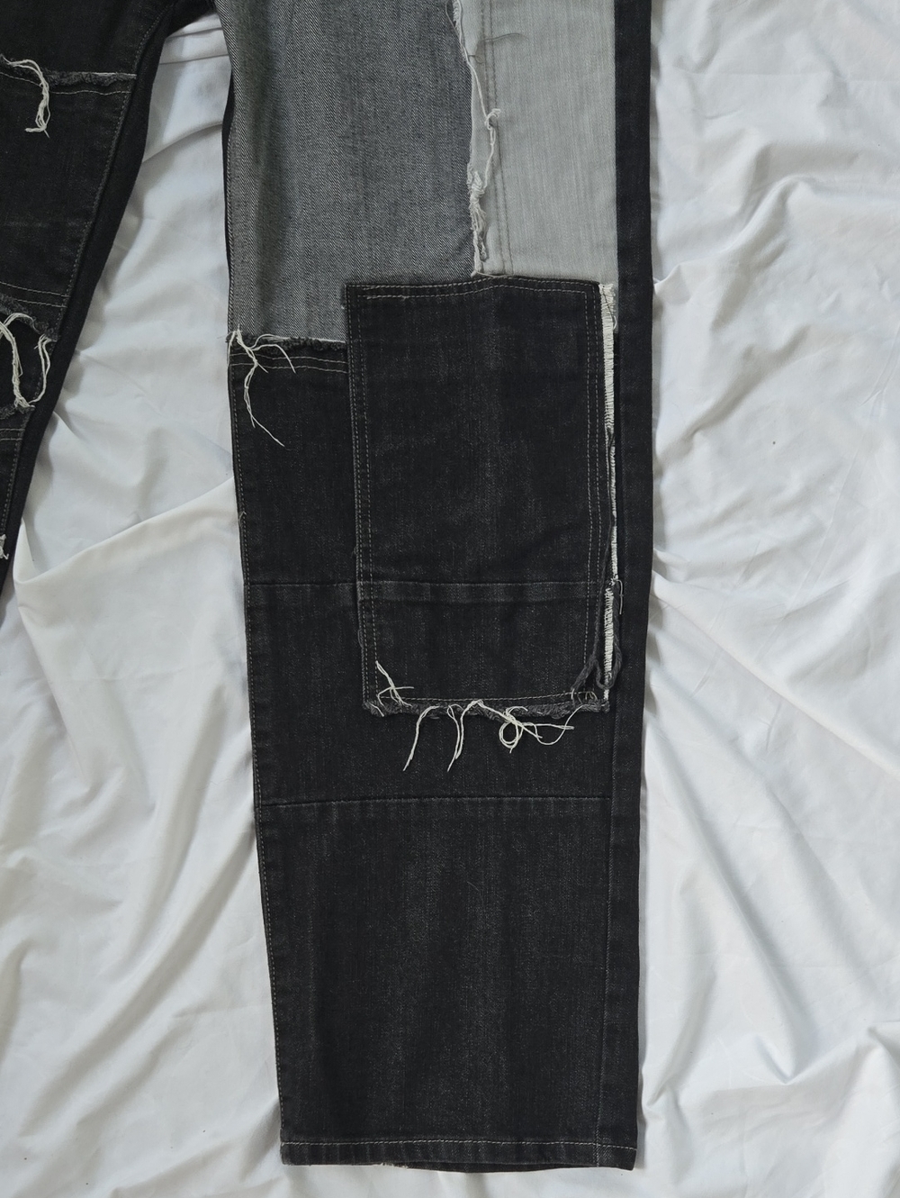 Mens Cool Black Jeans With Multi Patch Work Different Colors & Fringe Front Only - Picture 8 of 9